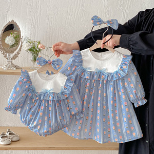Tutina per Bambine in Stile Coreano con Stampa di Tulipani Blu, Maniche Lunghe e Fascia Abbinata per Uso Quotidiano e Servizi Fotografici - Product Image 3