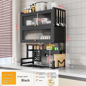 Scolapiatti da <span class=keywords><strong>Cucina</strong></span> <span class=keywords><strong>Salvaspazio</strong></span> a Doppio Strato con Coperchio Antipolvere e Antigoccia, Porta Pentole Superiore e Ganci Laterali per Utensili - Product Image 6