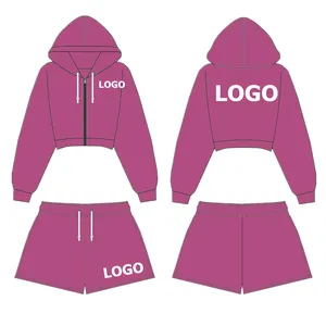 Custom Logo Women's Two Piece Outfits Tracksuit Zip Up Hooded Sweatshirt and Shorts Drawstring Hoodie & Shorts Sweatsuit Sets