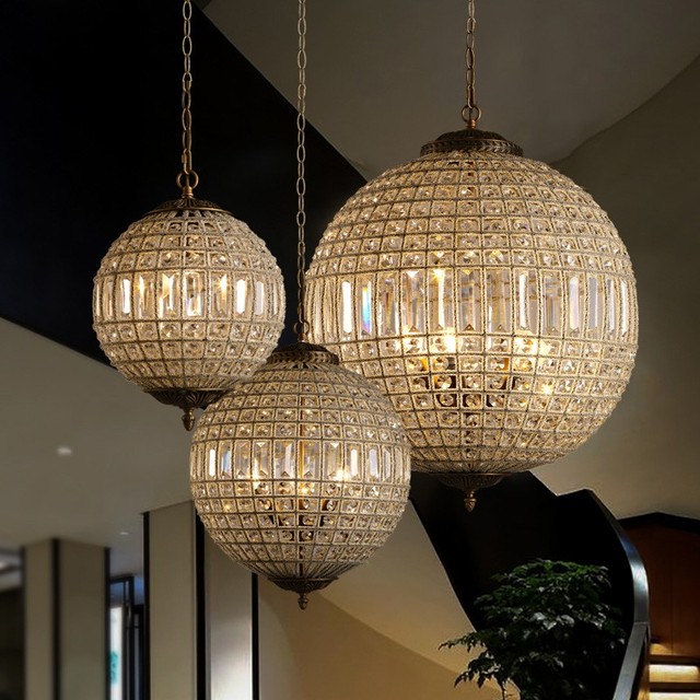 European Vintage Brass Spherical Shape Luxury Crystal Bead Globe Middle Size Pendant Light Ceiling Chandelier for Hotel Lobby