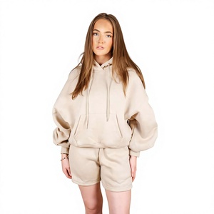 Conjunto de Sudadera con Capucha y Pantalones Cortos Oversize para Mujer, de Color Liso, de Algodón Afelpado, Dos Piezas, Ropa Casual para Estar en Casa, Diseño de Hombros Caídos - Product Image 1