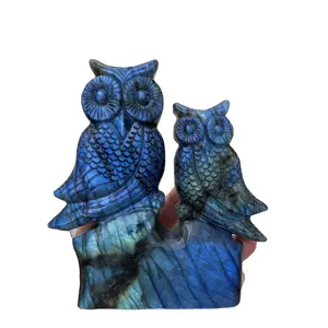批发高品质天然拉布拉多雕刻双猫头鹰蓝色浮华礼品装饰愈合