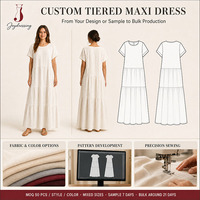 Pabrik Joydressing Gaun Maxi Linen Wanita Custom Polos Lengan Pendek Kerah Bulat Longgar Berlipit Bertingkat Gaun Musim Panas OEM ODM