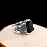 Bague Noire Vintage en Argent Sterling 925 Véritable pour Hommes, Bijoux Turcs avec Pierre d'Agate Naturelle