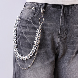 Hip Hop Punk Style Metal Waist Chain White <b>Skull</b> Beaded Double Layered Denim Accessory For Women Daily Wear - Product Image 1