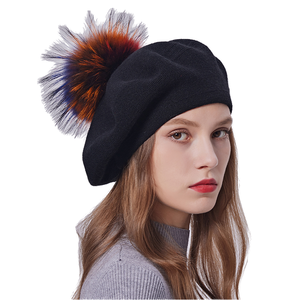 Bonnet tricoté noir avec pompon en fourrure multicolore pour femme, chapeau d'hiver décontracté 56-58CM - Product Image 1