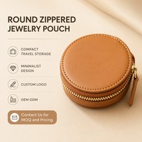 Astuccio Rotondo in Pelle PU Marrone con Cerniera per Gioielli, Mini Scatola Portatile da Viaggio per Orecchini a Cerchio, Organizer