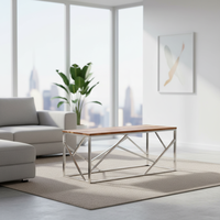 Table basse moderne et durable en acier inoxydable argenté et bois d'acacia massif, style panneau, pour salon et usage domestique