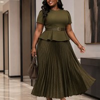 Conjunto de Falda para Mujer Talla Grande AST060611, Top de Manga Corta con Cuello Redondo y Falda Maxi Plisada con Estampado de Lunares, Ropa de Oficina para Mujer