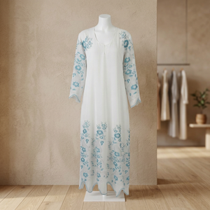 Elegante Abaya Azul Marfil con Bordado Floral en Línea A - Product Image 3