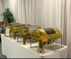 Buffect Catering - Recipientes para Calentar Comida Rectangulares Dorados de Acero Inoxidable de 9L con Tapa Enrollable y Cubierta de Vidrio - Product Image 1