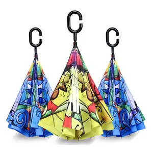 일요일 뜨거운 판매 더블 레이어 손 무료 우산 내부 밖으로 C 모양 핸들 거꾸로 거꾸로 우산 사용자 정의 인쇄