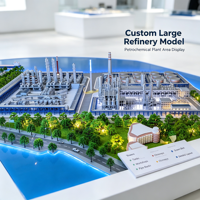 Maquette de grande raffinerie pétrochimique : tours industrielles, réservoirs de stockage, bâtiments d'usine, racks de tuyauterie, cheminées, routes, zone verte