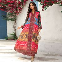 Robe longue musulmane de luxe multicolore à imprimé ethnique 2026 Dubaï, col en V, manches cloche, tenue Abaya modeste
