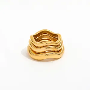 Joolim jewelry anéis pvd, banhados a ouro pvd dourado & prata, ondulado, simples anéis de aço inoxidável para mulheres