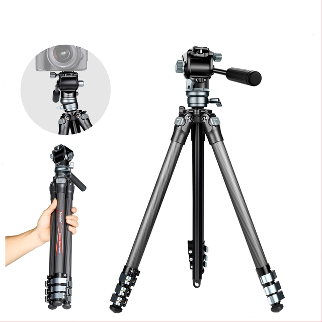 Manbily PH-30 Carbon Fiber Video Tripod with Fluid Head and Quick-Release Plate, 10 kg Load Capacity