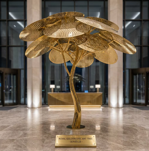 <span class=keywords><strong>Série</strong></span> 23 : Sculpture murale en plaque perforée dorée polie « Arbre d'Art Royal Golden Disc » pour hall d'hôtel de luxe et intérieur d'entreprise - Product Image 1