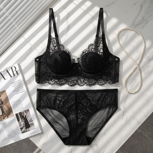 Conjunto de lencería de encaje negro para mujer, sujetador con aros y push-up, copa completa, tirantes ajustables, talla grande, conjunto de sujetador sexy para mujer - Product Image 4