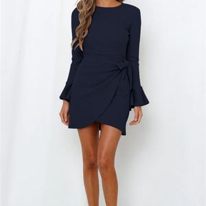 Vestidos de mujer elegantes de manga larga con volantes, manga trompeta, lazo y textura gofrada, estilo casual y con temperamento. - Product Image 3