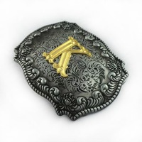 Boucle de ceinture de cowboy vintage en alliage, bicolore or, avec initiale et motif floral en relief, style western, accessoires