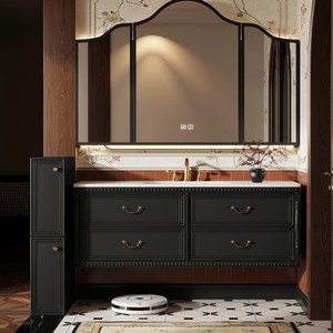 French freestanding bathroom vanity LED light strip storage <b>mirror</b> cabinet marble countertop - Product Image 1