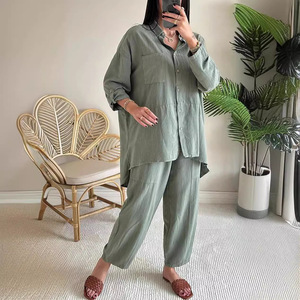 Nuevo Conjunto de 2 Piezas para <span class=keywords><strong>Mujer</strong></span>, Talla Grande, Camisa de Lino y Algodón, Pantalones Holgados de Cintura Alta - Product Image 3