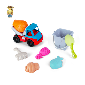 Juego de juguetes de playa de paja de trigo para mezclar arena, 7 piezas: Camión mezclador, cubo cuadrado, rastrillo, tamiz, moldes de arena marina, ecológico, para niños, bolsa de malla - Product Image 1