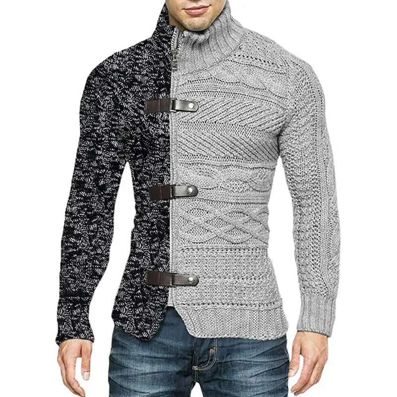 Maglia Cardigan da uomo in lana Colorblock dolcevita in pelle fibbia da uomo maglione manica lunga
