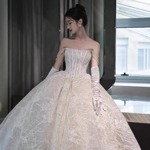 Strapless Wedding Dress Ball Gown Lace Empire Waist Vintage Style With Train For Petite And Plus Sizes - Product Image 1