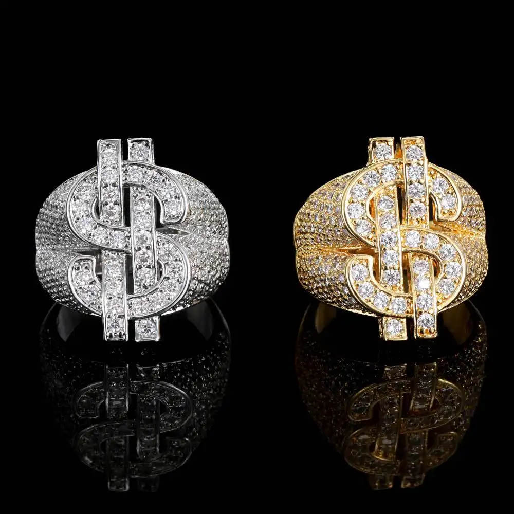 Iced Out Cool Mens Bling Goud Zilver Ringen Ons Dollar Borden Rijke Cz Cubic Zirkoon Luxe Ringen Sieraden