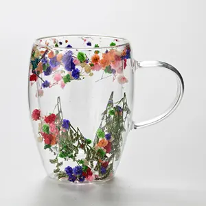 손잡이 250ml 350ml 컵 마른 꽃 이중 벽 컵 투명 과일 주스 찻잔 내열성 에스프레소 커피 머그 와인 잔