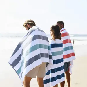 Baratos por atacado de Design Personalizado Com a Marca de Banho 100% Algodão de Pelúcia Cabana Azul Cinza Listra Branca Oversize Veludo Toalha de Praia