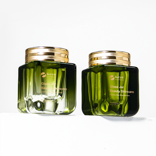 50ml clear Green Glass Cream Container Jar With White Lid Flat Shoulder Cylinder Oval square Shape for Cosmetics