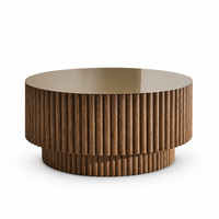 Table basse ronde en bois cannelé à 2 niveaux avec base tambour côtelée et plateau lisse pour salon et mobilier de maison