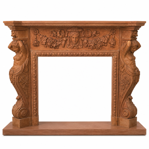 Cheminée traditionnelle en marbre avec sculptures ornées, en pierre rouge coucher de soleil, foyer intérieur à bois pour salle à manger - Product Image 1