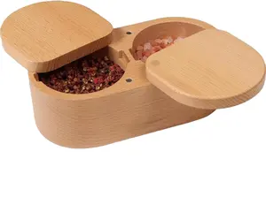 Caja de sal de madera con rotación magnética-bodega de especias de madera de 2 celdas-elegante almacenamiento de madera