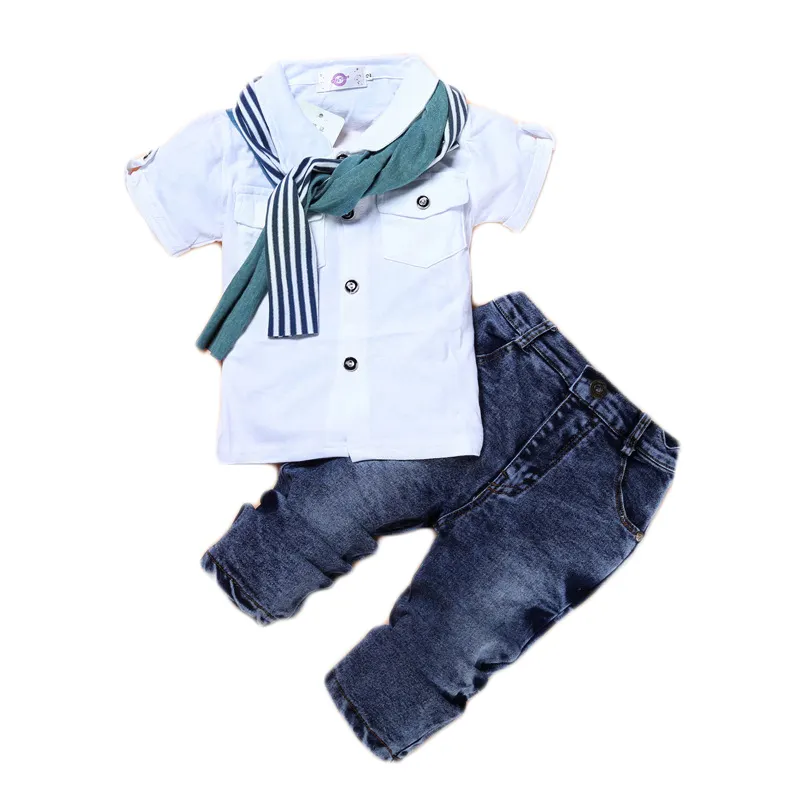 Wholesale boutique comfortable summer outfit short sleeve shirt gentleman 2pcs kids children boy clothing sets with jeans