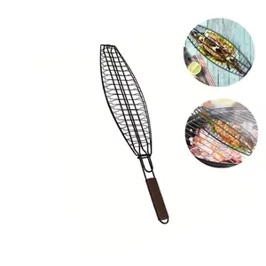 Camping Woven Iron Mesh Wire Cast Grid Smoke-Free Pan Net For Electric non stick bbq single fish grill basket with wood handle