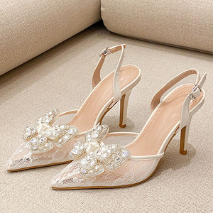 รองเท้าส้นสูงสตรีแบบส้นเข็ม ปลายแหลม ประดับเพชรด้านหน้า สายรัดข้อเท้าแบบสลิงแบ็ค พร้อมเชือกผูกด้านหลัง - Product Image 4