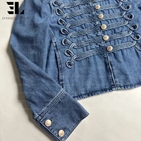 Veste Napoléon en jean vieilli LARSUR, coupe slim, col montant, style motard, avec short en jean, veste hussarde