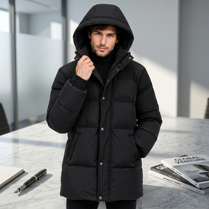 <b>Men's</b> <b>Long</b> Hooded Puffer Jacket <b>Black</b> Thick Winter <b>Coat</b> Zipper Warm Quilted Casual Windproof Outerwear Front Logo Polyester - Product Image 1