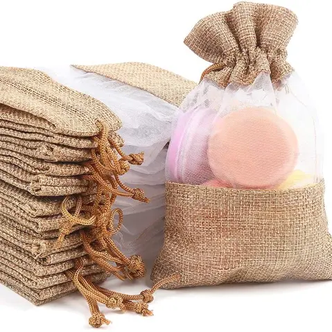 Custom logo natural linen organza bag burlap gift pouch burlap drawstring candy jute coffee bags