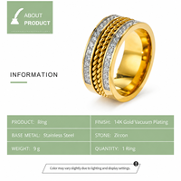 Breiter Edelstahl-Zirkonring mit geflochtenem Mittelteil und 14K Gold-Vakuumbeschichtung, 9g Statement-Ring
