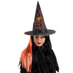 Sombrero de bruja negro con decoraciones naranjas + peluca de 35 cm de altura - Product Image 1