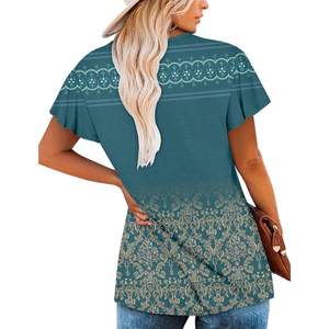 2025 femmes été col en V à manches courtes tunique hauts coupe ample sarcelle L Blouses confortables - Product Image 1