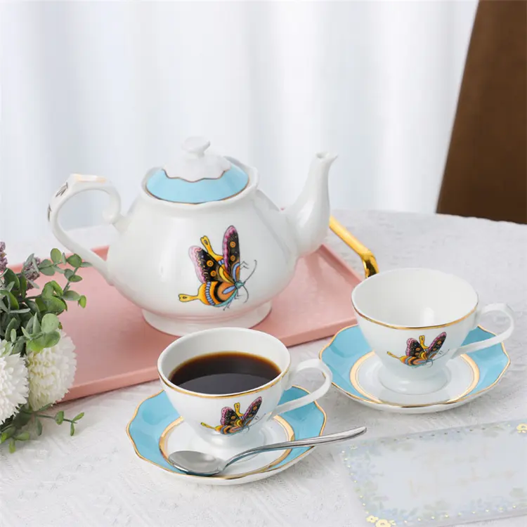 PITO Oriental Style Catering Hotel Butterfly Decal Bone China Golden Rim Tea and Coffee Cup Set for Coffee and Tea Cup Set