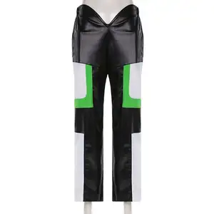 Women PU Leather Patchwork Motorcycle Trousers V-shaped Waist Faux Leather Pants