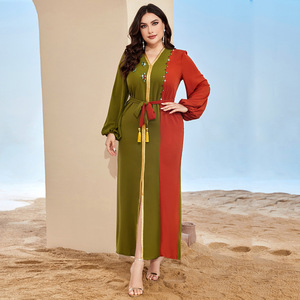 Vestido Abaya verde para mujer con cuello en V rojo naranja Costura informal elegante Moda europea de Oriente Medio para intelectuales - Product Image 1