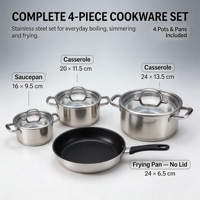 Batterie de cuisine écologique en acier inoxydable avec casseroles, faitouts, couvercles en verre et poêles, compatible induction et lave-vaisselle
