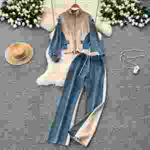 Ensembles décontractés pour femmes : Haut et pantalon en jean patchwork taille haute – Survêtements de jogging en gros - Product Image 3